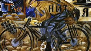 Natalia Goncharova 1913 The Cyclist Oil On Canvas 78 X 105 Cm The Russian Museum St
