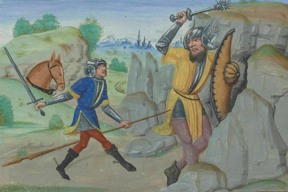 Geoffroy la Grand Dent (Geoffrey Big-Tooth) fights against the giant Grimault and follows him into a mountain in Northumberland, miniature from a manuscript of Coudrette's Roman de Melusine. (BNF ms fr 24383, fol 33v)
